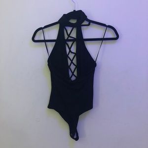Express Tops - EXPRESS - Black Choker Criss Cross Bodysuit Express Tops - EXPRESS - Black Choker Criss Cross Bodysuit